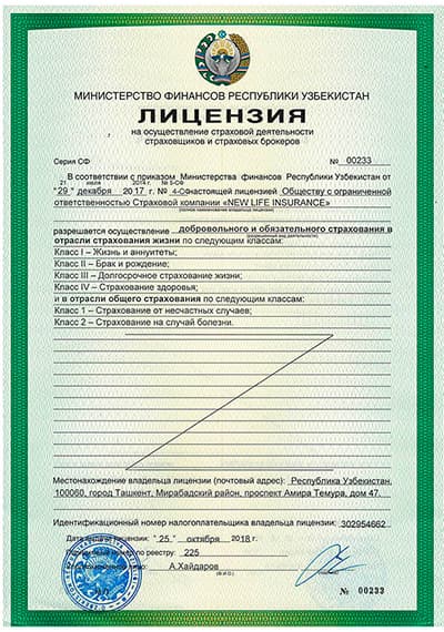 Лицензия New Life Insurance, на русском